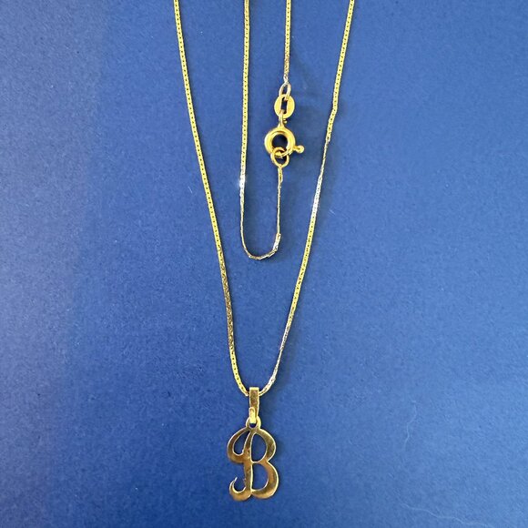 14K Yellow Gold Letter "B" Initial Pendant WITH Chain Necklace 18" - Picture 2 of 7